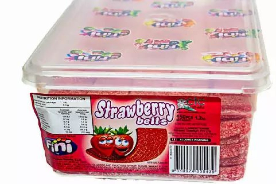 Lollies & Chocolate * | Fini Sour Lollies Sour Strawberry Belts Straps 150 Pcs Tub